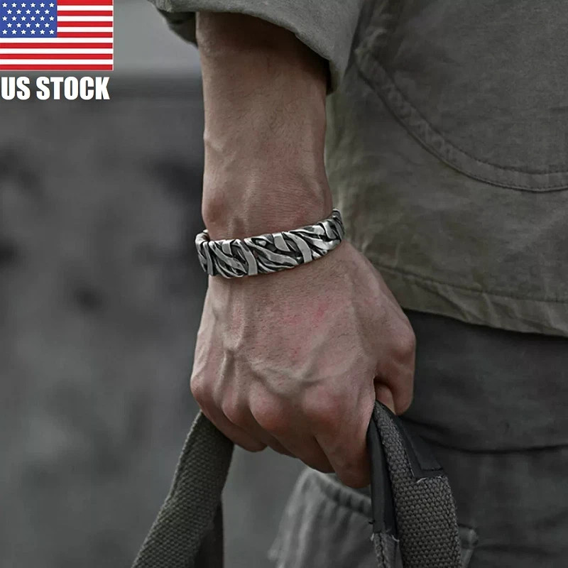 Retro C-Shaped Braided Alloy Men Bracelet Silver Cuff Fashion Jewelry Gift
