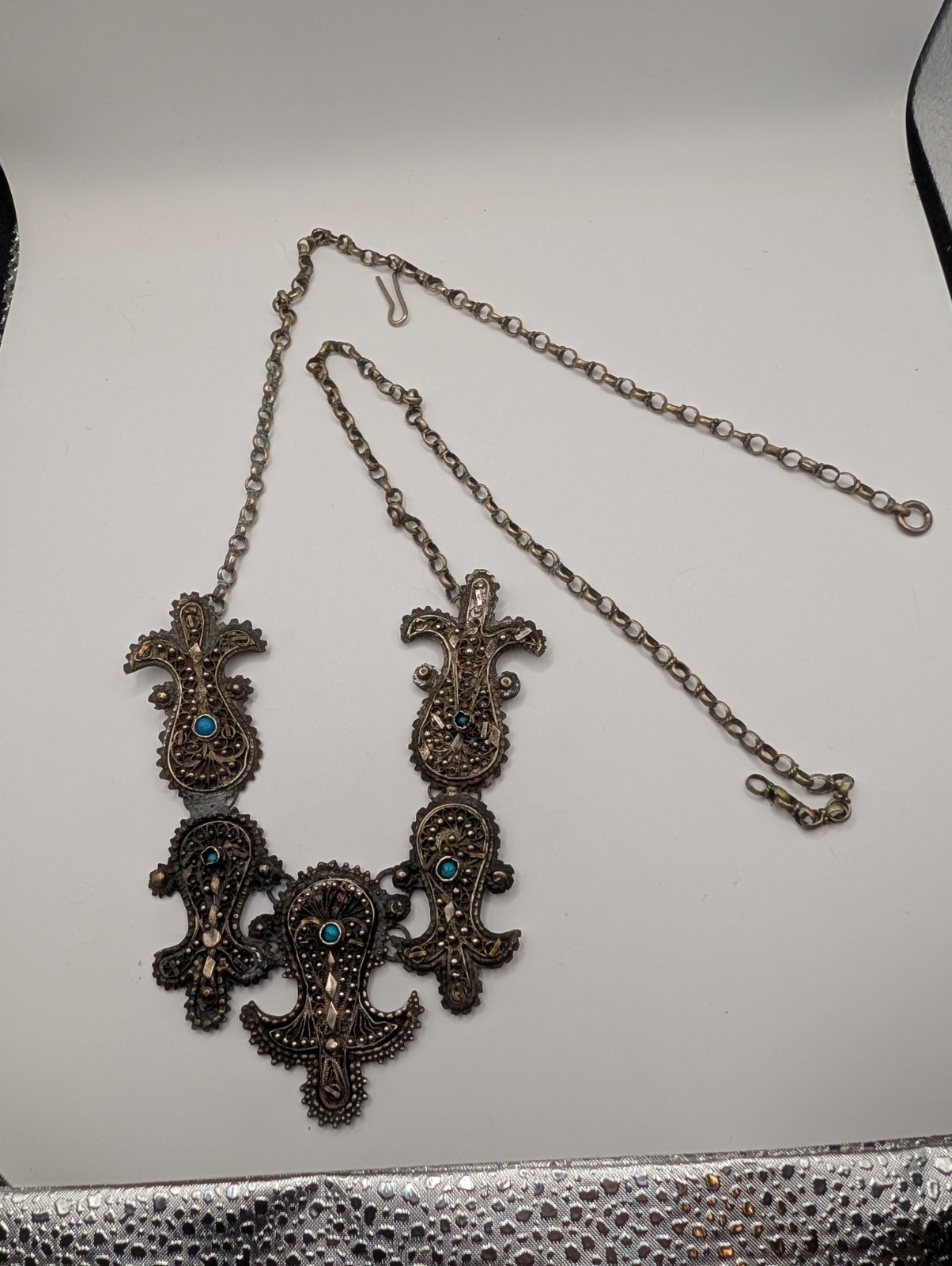 Vintage Middle Eastern Style Filigree Bib Necklace Blue Glass Cabochons