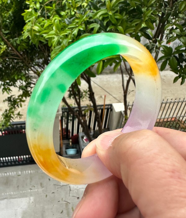 Natural Grade A Jadeite Bangle Tri-Color Green Lavender Yellow Burmese Jade 54mm