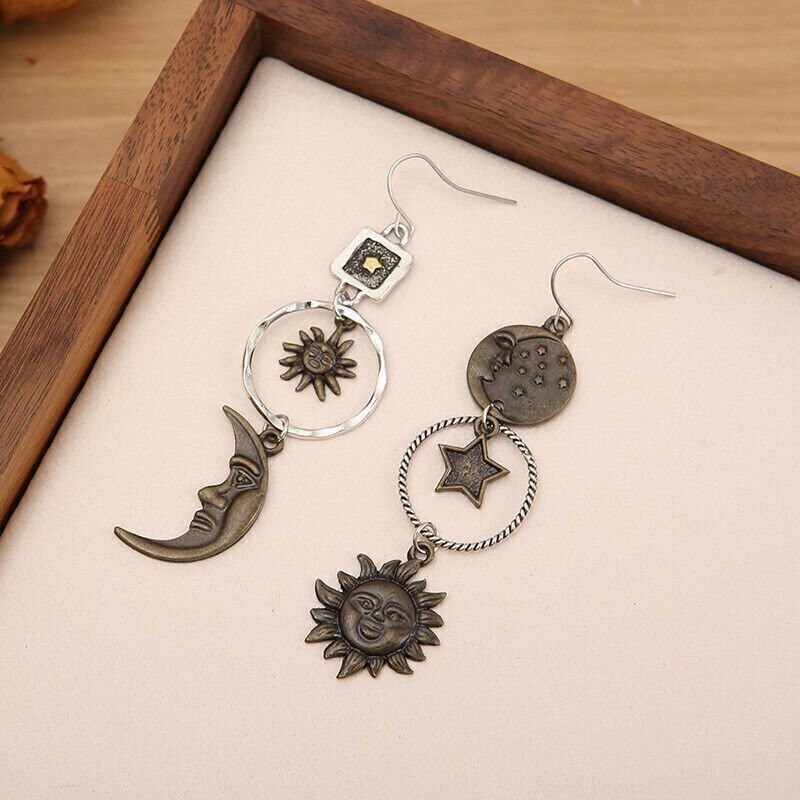 Sun & Moon Earrings, Star, Asymmetrical, Unique, Mixed Metal, Brass, Antiqued