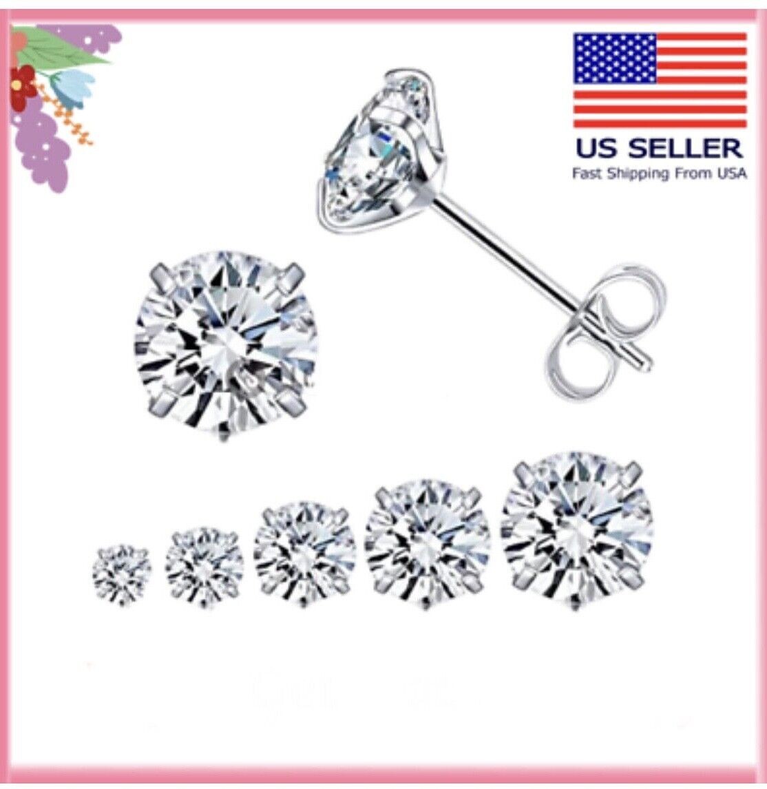 Surgical 316L Stainless Steel Stud Earrings Cubic Zircon Round Men Women 2PC