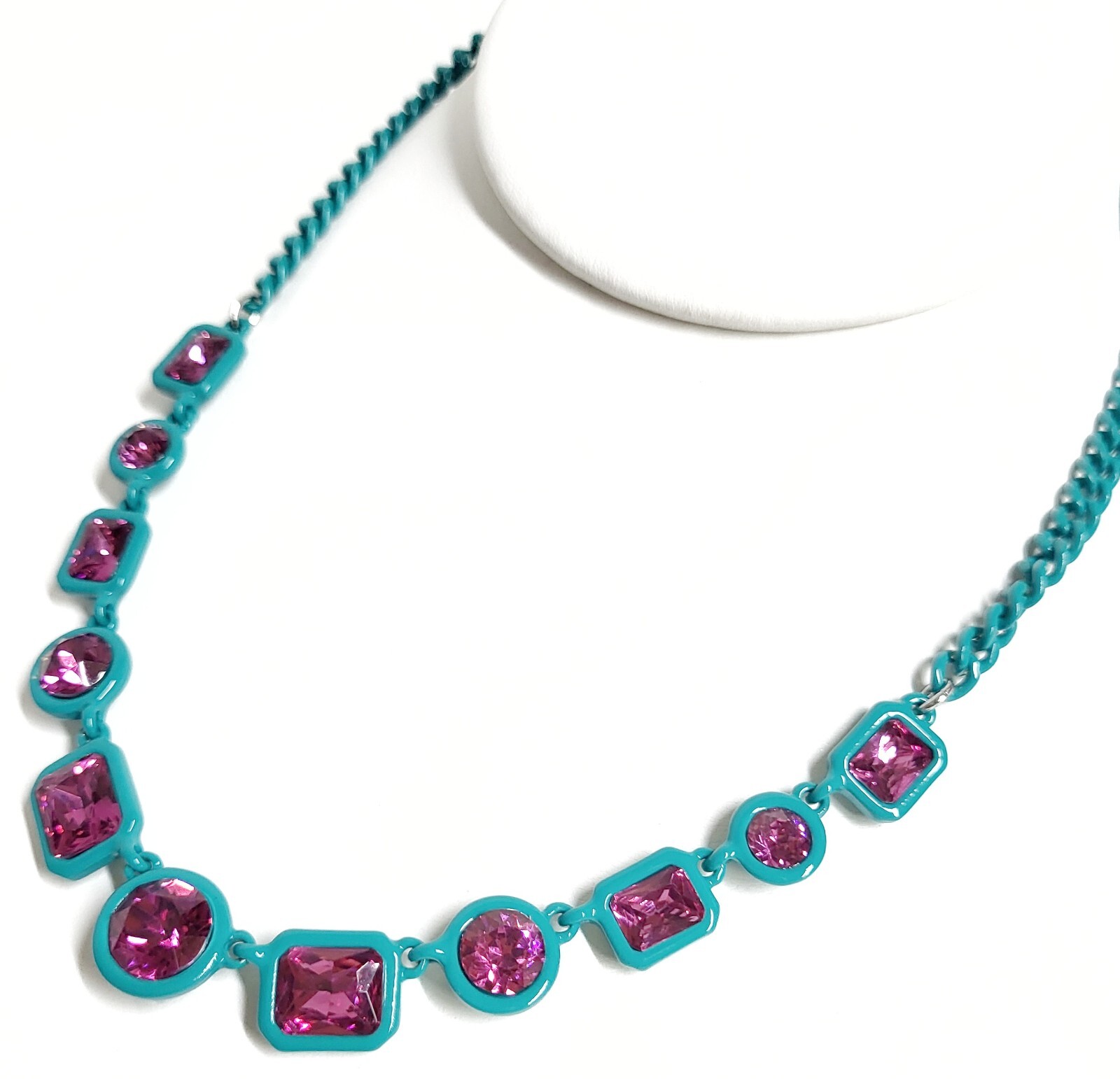 Karl Lagerfeld Crystal Chain Statement Necklace Green Fuchsia Plated Brass NWT