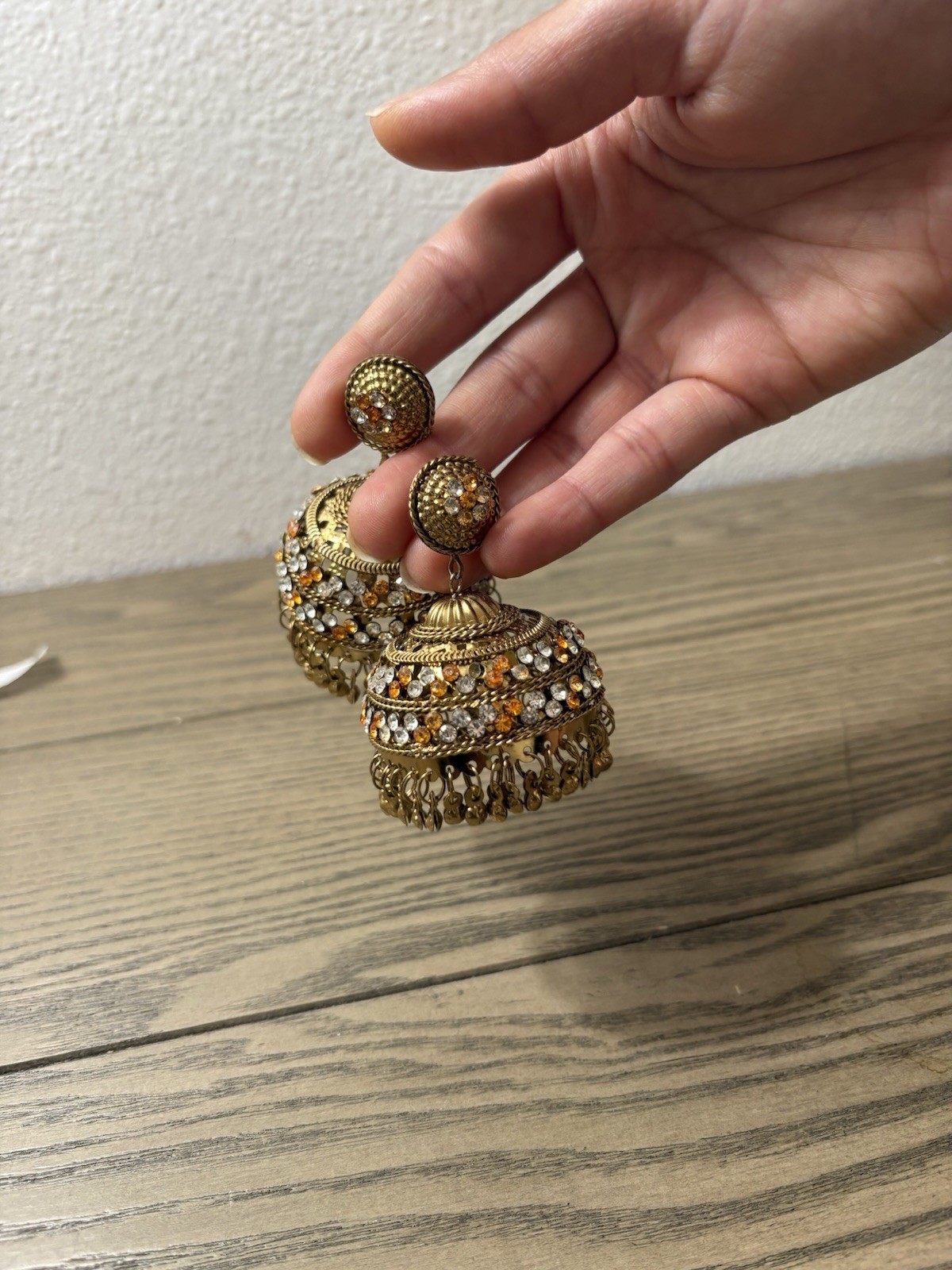 Earrings Brand new Gold & orange jhumka earrings with orange & clear rhinestones