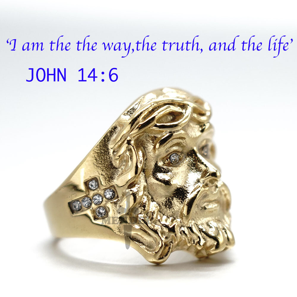 MENDEL Mens Gold Plated Cross Jesus Christ Face Ring Stainless Steel Size 7-15
