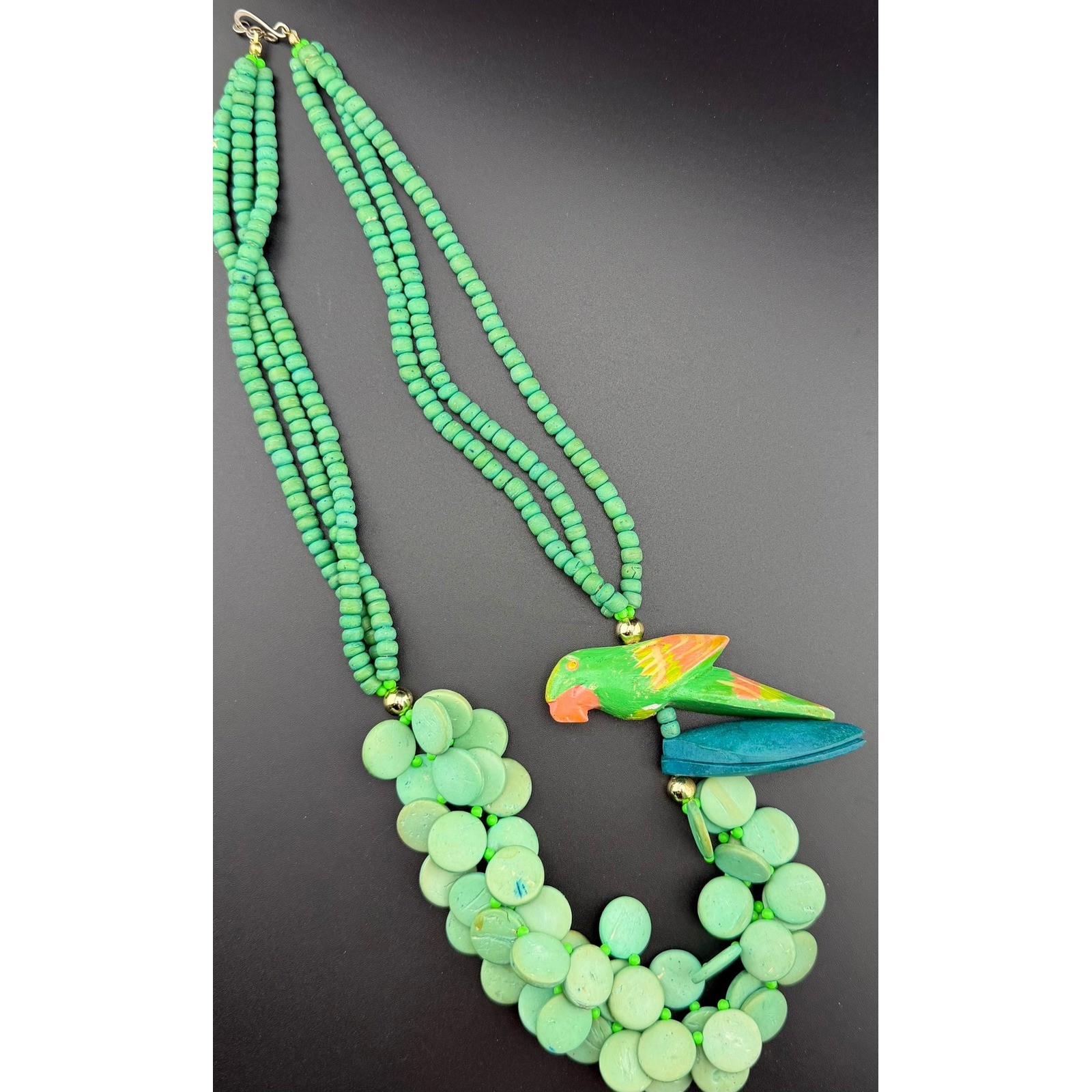 Parrot Wood Beaded 26 Inch Necklace Green Tropical Island Bird Statement Vintage