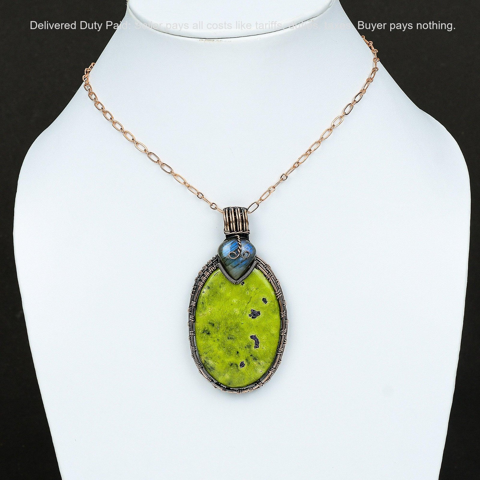Copper Oval Stichtite Gemstone Labradorite Daughter Wire Wrapped Pendant Jewelry