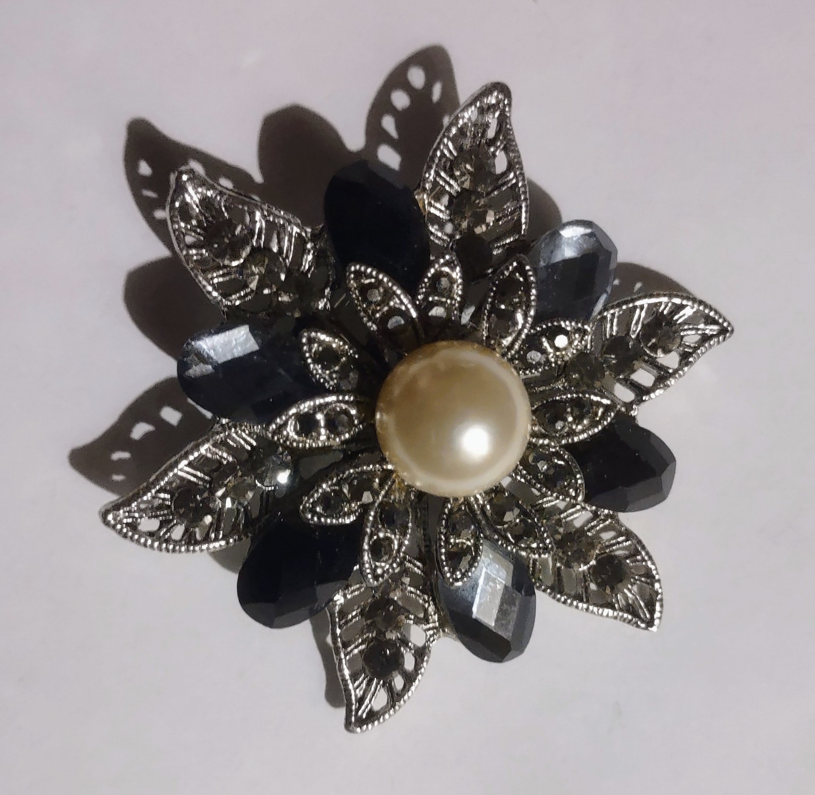 Silver Tone Flower Brooch Pin with Cream Imitation Pearl & Black Rhinestones
