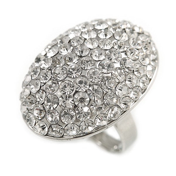 30mm Dome Shape Crystal Ring In Silver Tone Metal/ Clear/ Size 7/8 Adjustable