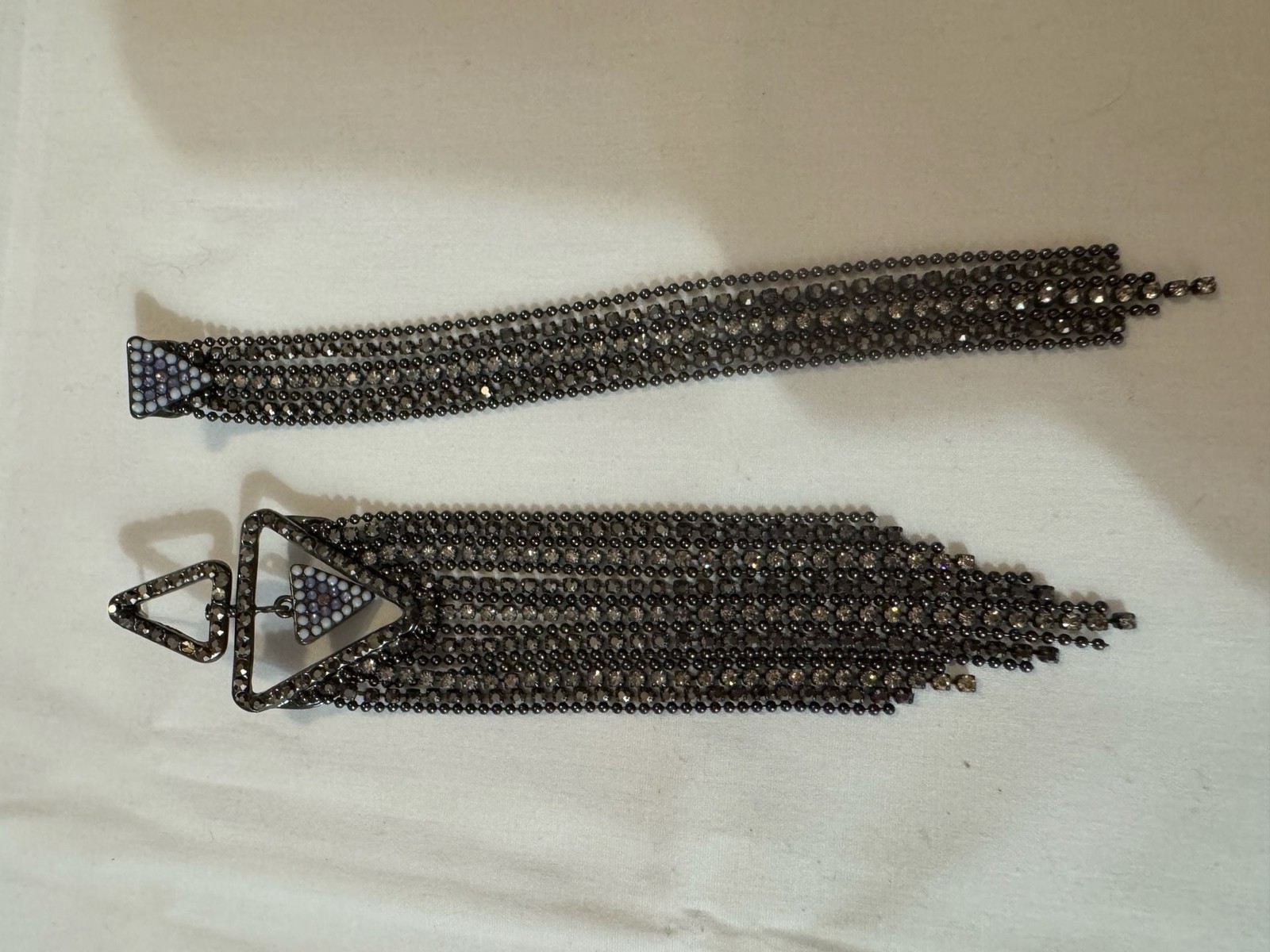Gunmetal Geometric Rhinestone Asymmetrical Fringe Statement Fringe Earrings