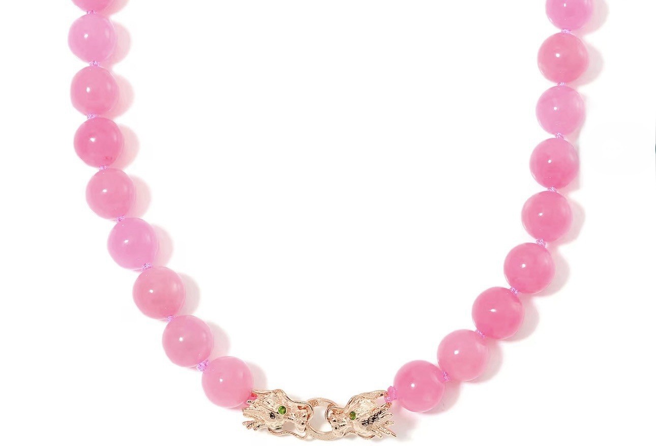 LAVISH GENUINE PINK JADE NECKLACE WITH DRAGON CLASP 18k ROSE GOLD & 925 SILVER