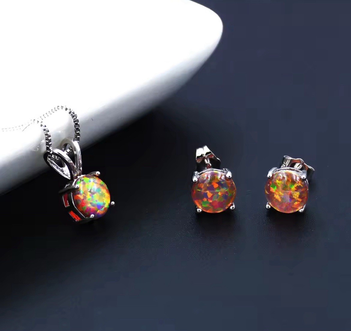 DEAL! Stunning Orange Fire Opal Necklace, Earrings, & CZ Halo Ring Size 9 Set