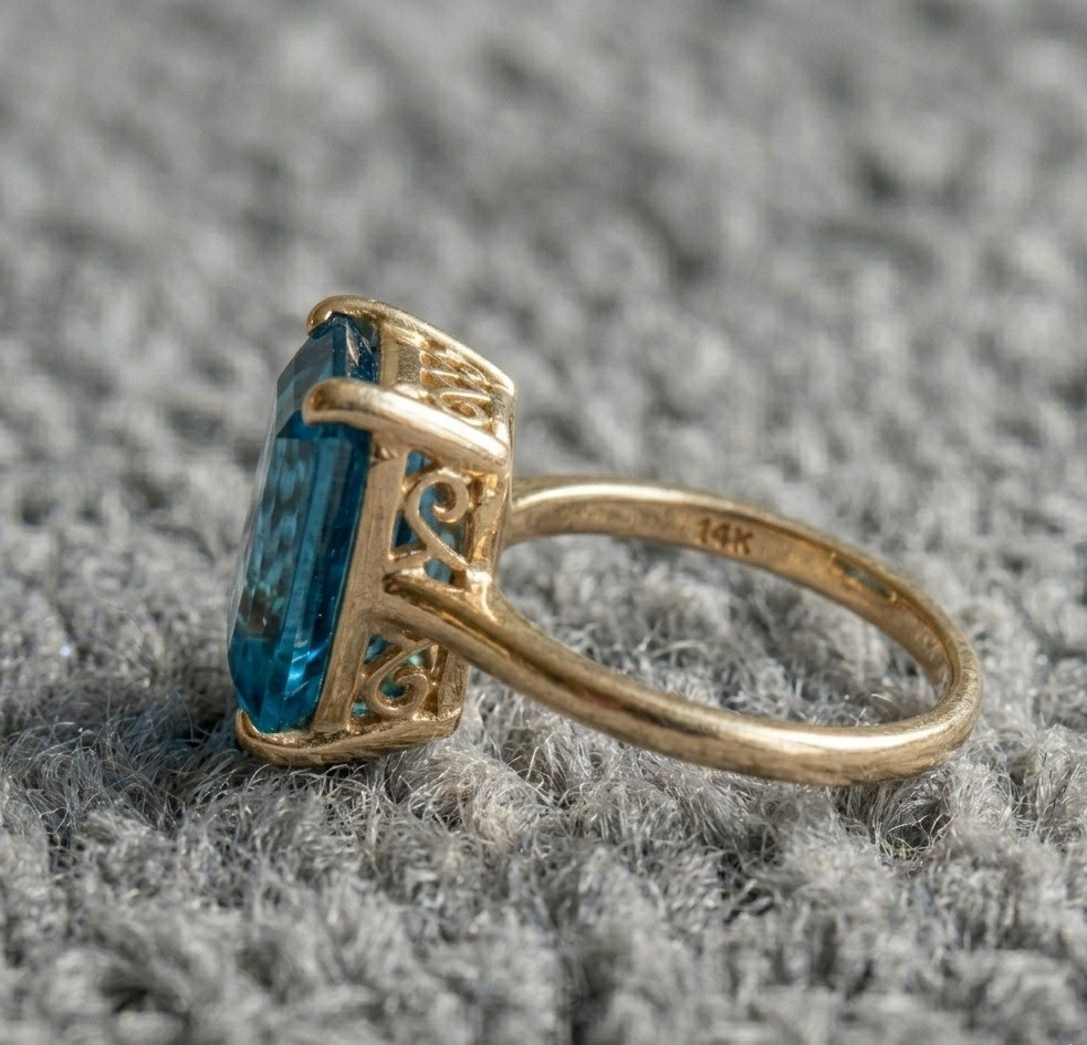 Women Swiss Blue Topaz 925 Silver Ring Emerald Cut Elegant Gift for Her