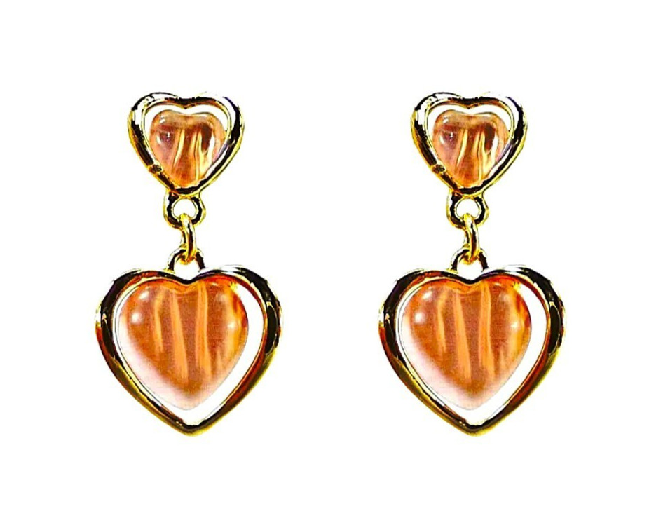 Pink heart earrings with double hearts and pink cat eye stones gold setting NEW