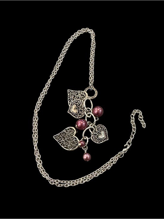 Filigree Heart Pendant Necklace Purple Beads Silver Tone Chain 30-32 Inch Womens