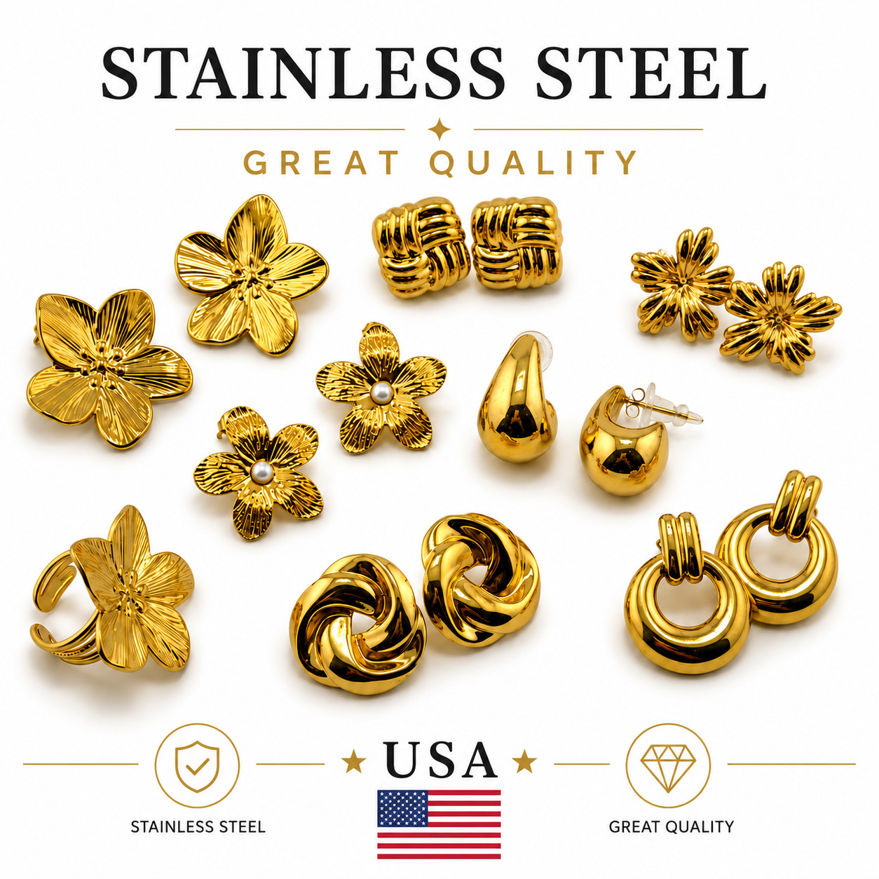 18k Gold Plated Stainless Steel Flower Petals Stud Earring and ring, Jewelry set