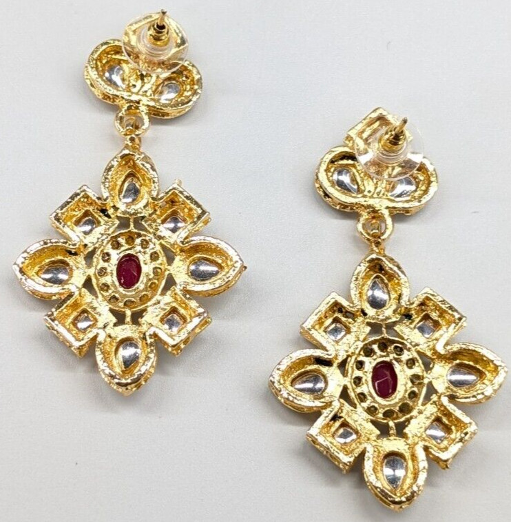 Bollywood India Wedding Gold Tone Clear Pink Rhinestone Pierced Earrings Chunky