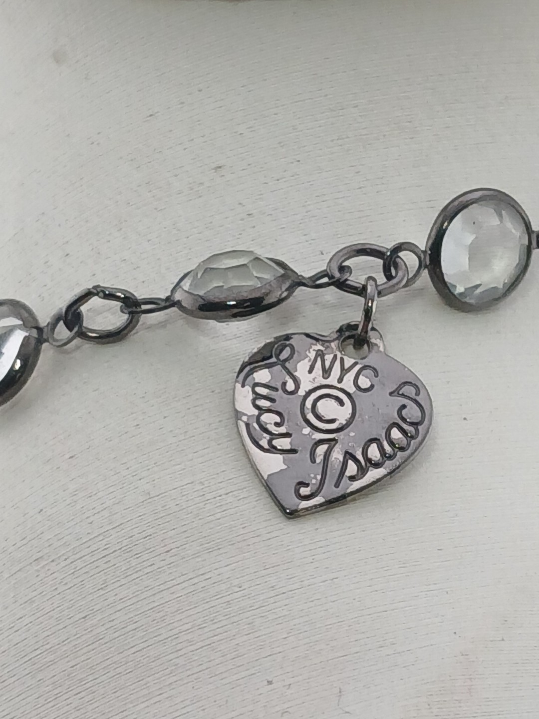 LUCY ISAACS NYC 1990 gunmetal open bezel Swarovski crystals Y Design Necklace