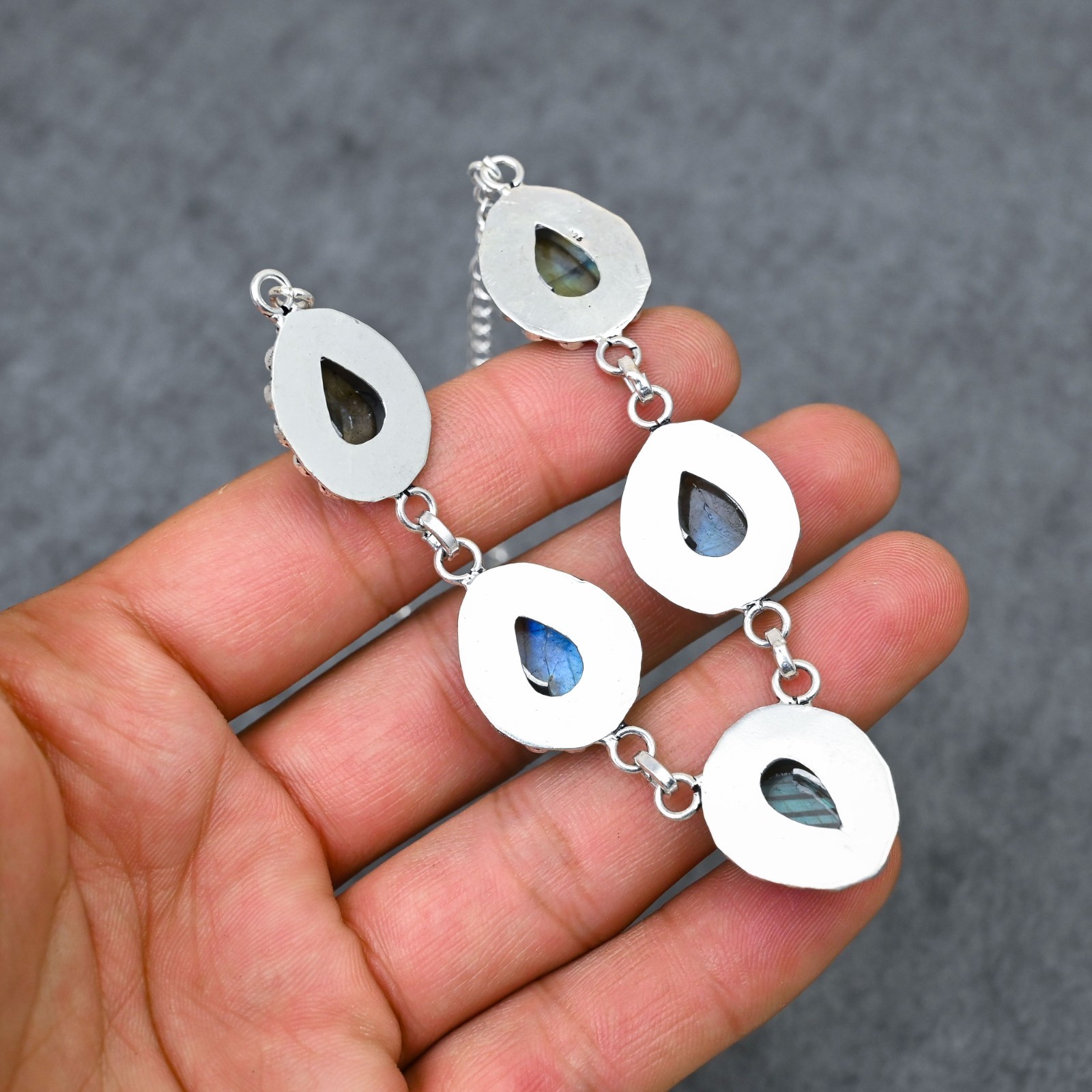 Silver Plated Labradorite Y-Necklace | Multi-Stone Milgrain Cabochon | Artisan