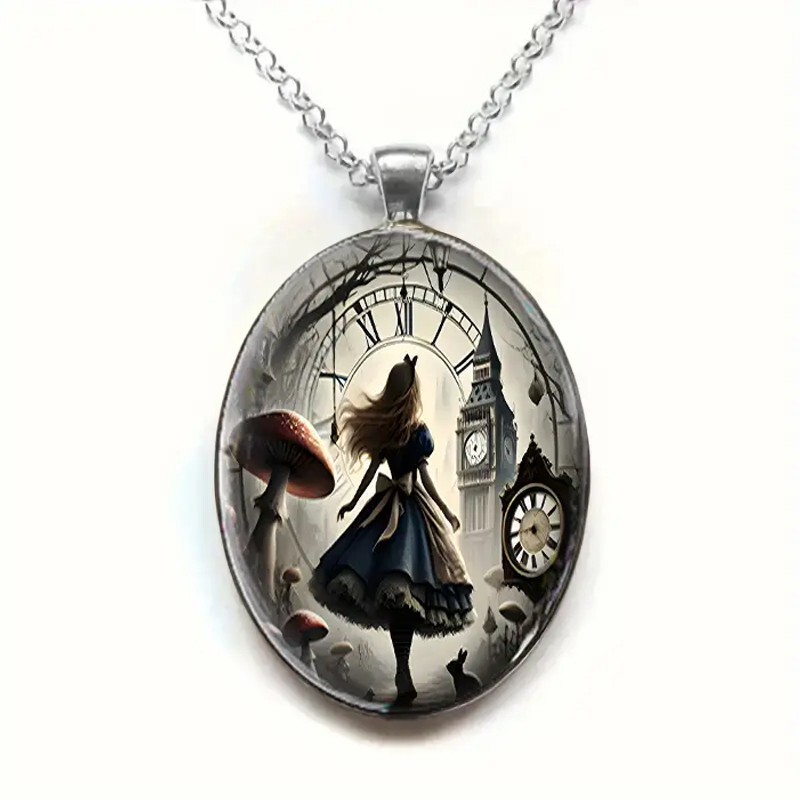 Alice In Wonderland Oval Jewelry Silvery Magical Gothic Clock Pendant Necklace