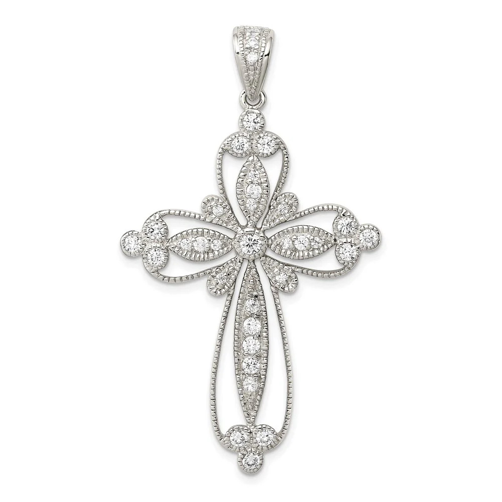 Sterling Silver Rhodium-Plated CZ Filigree Cross Pendant