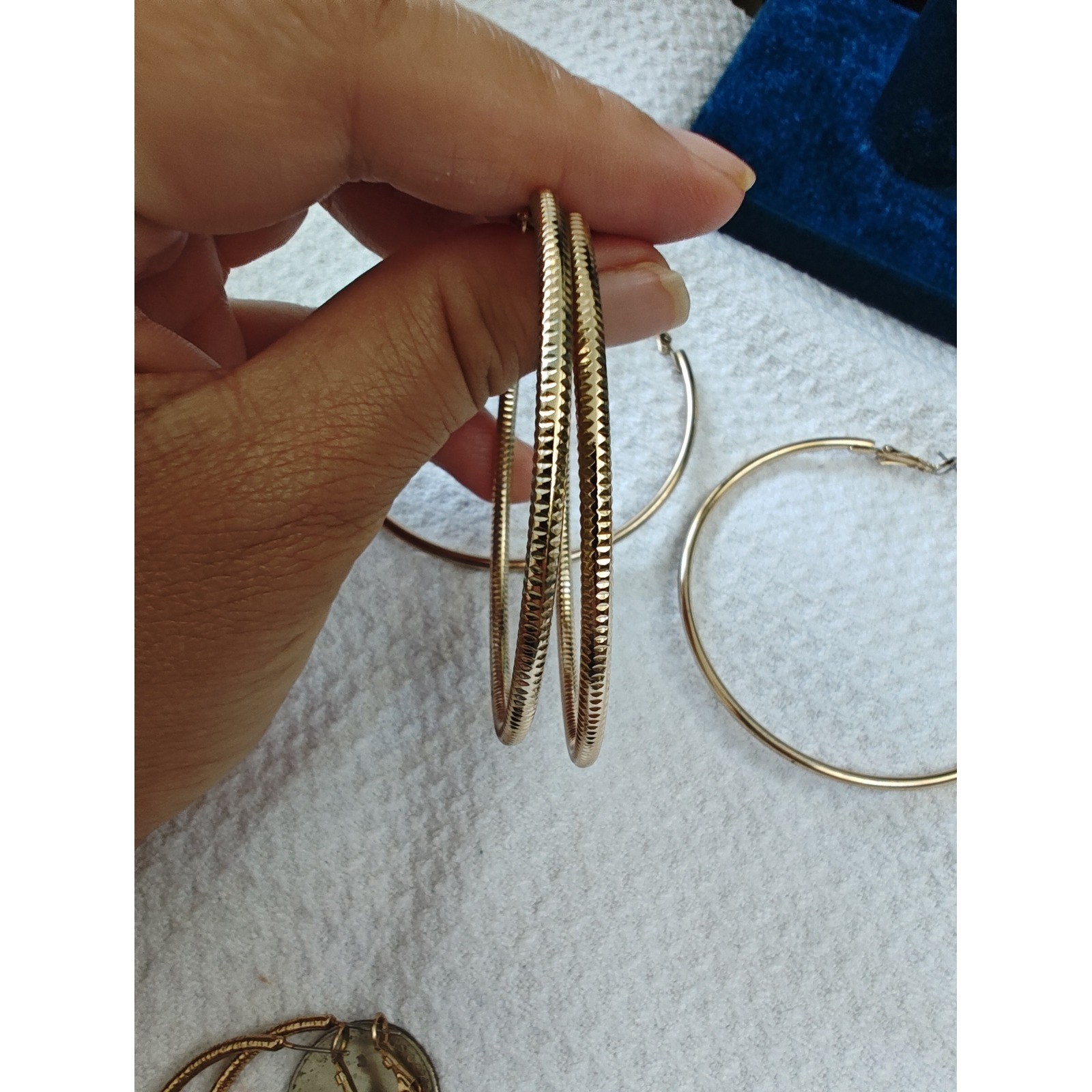 Hoop Earrings Gold Textured and Smooth and Ribbed 3 Pairs