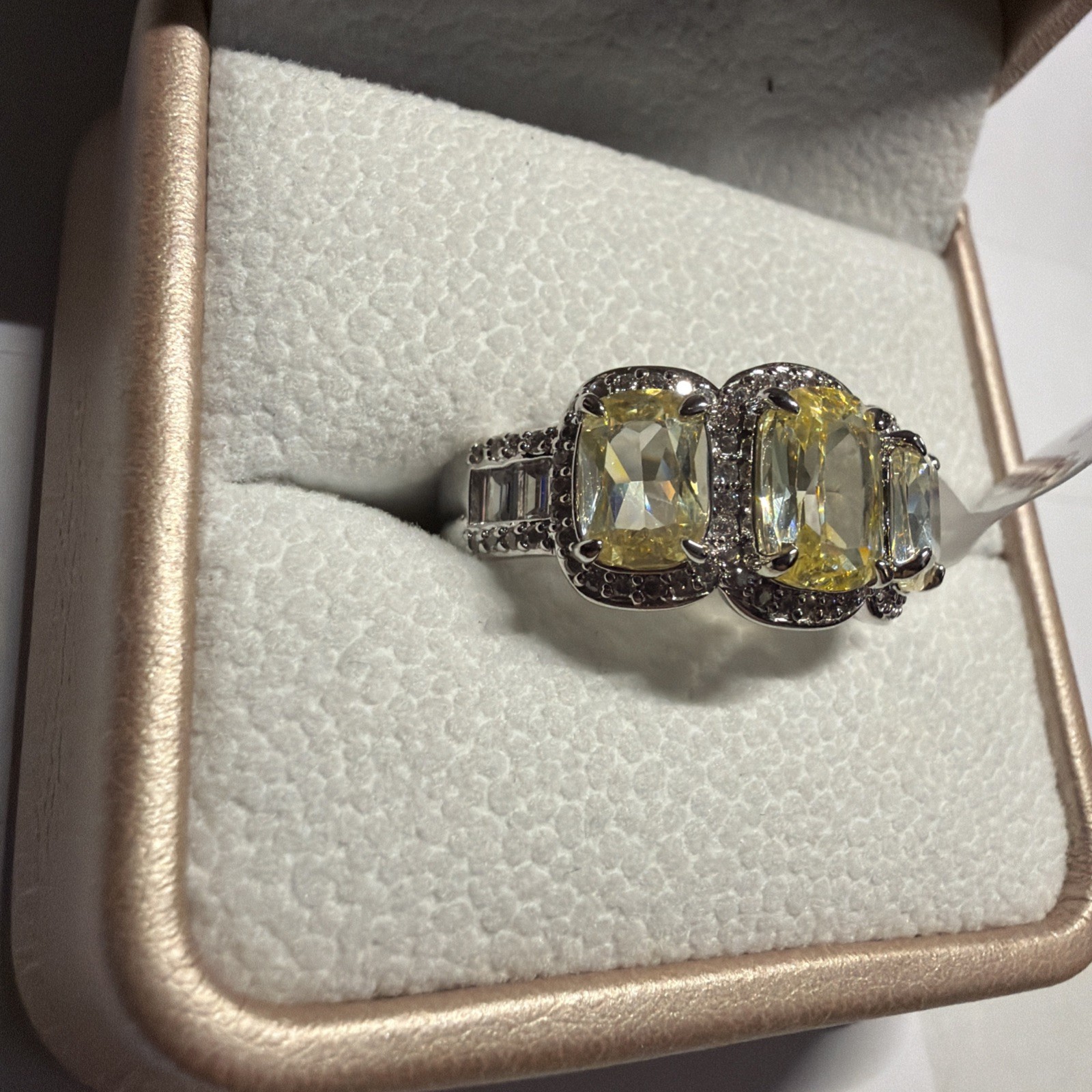 Bomb Party Yellow Cushion Cut Three Stone Halo Ring Silver Tone Size 9
