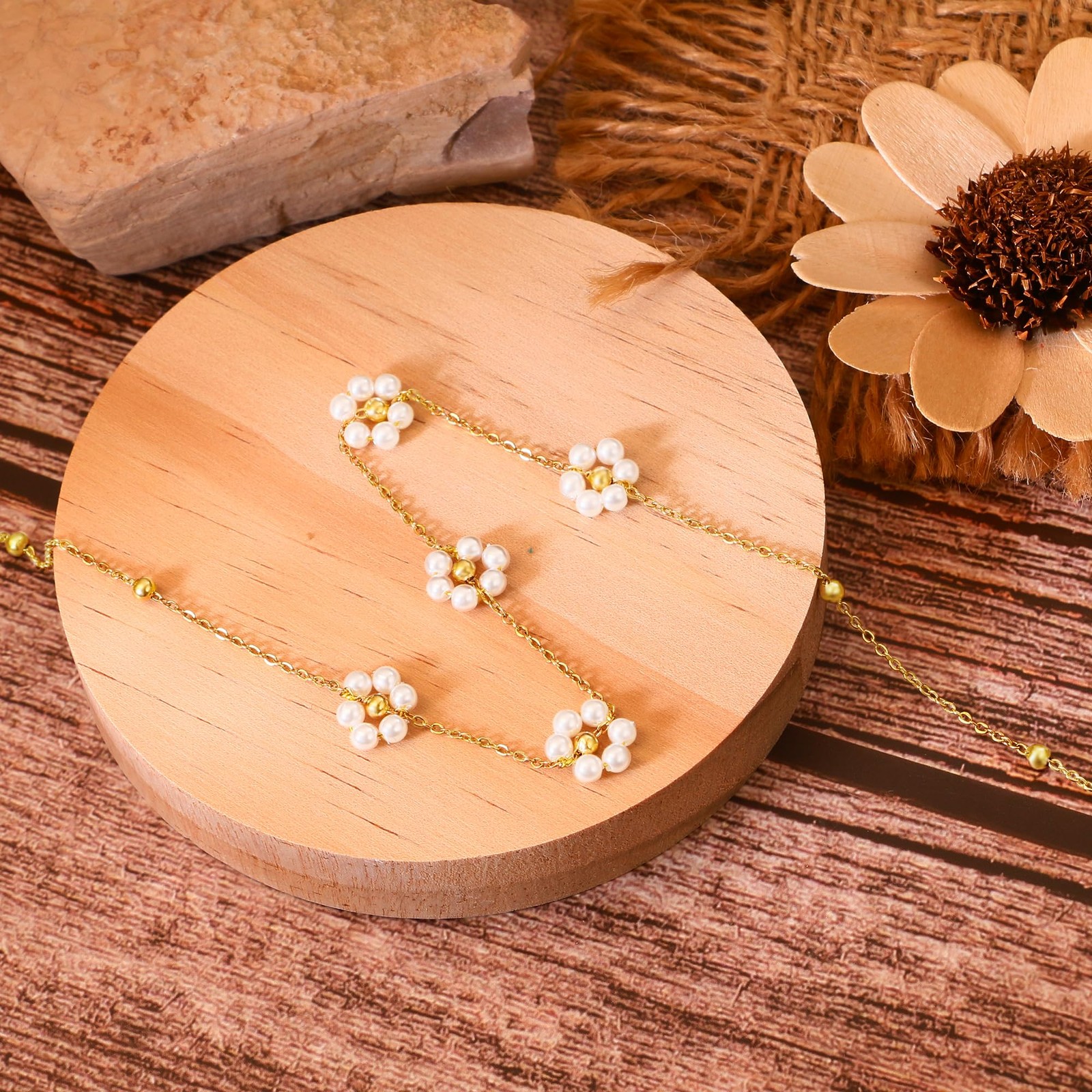 Pearl Necklace for Women Dainty Choker Strand 18K Gold Plated Flower Gift