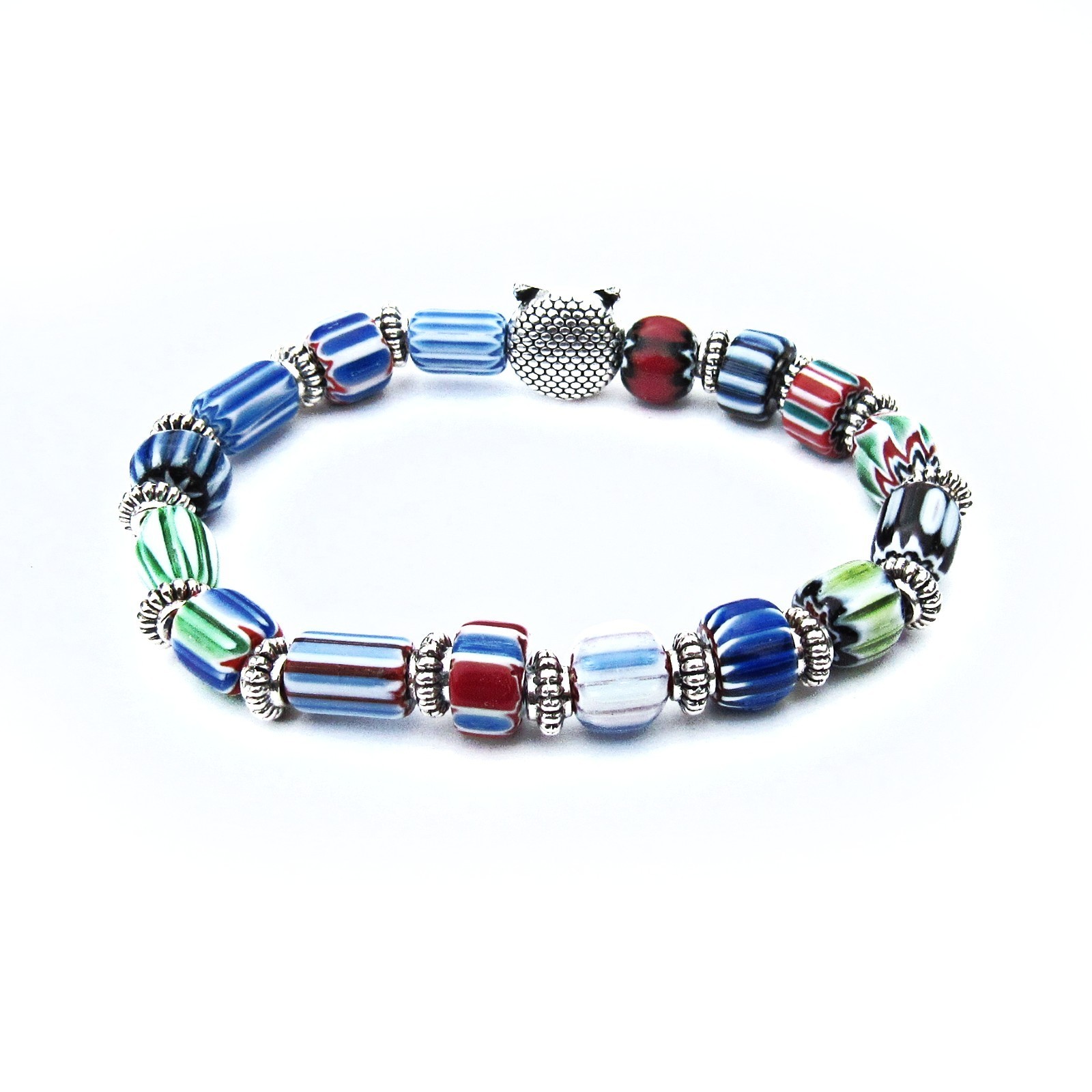 Mixed Chevron Glass Beaded Stretch Bracelet, 6 Inches, Pewter Owl, Multi Colors