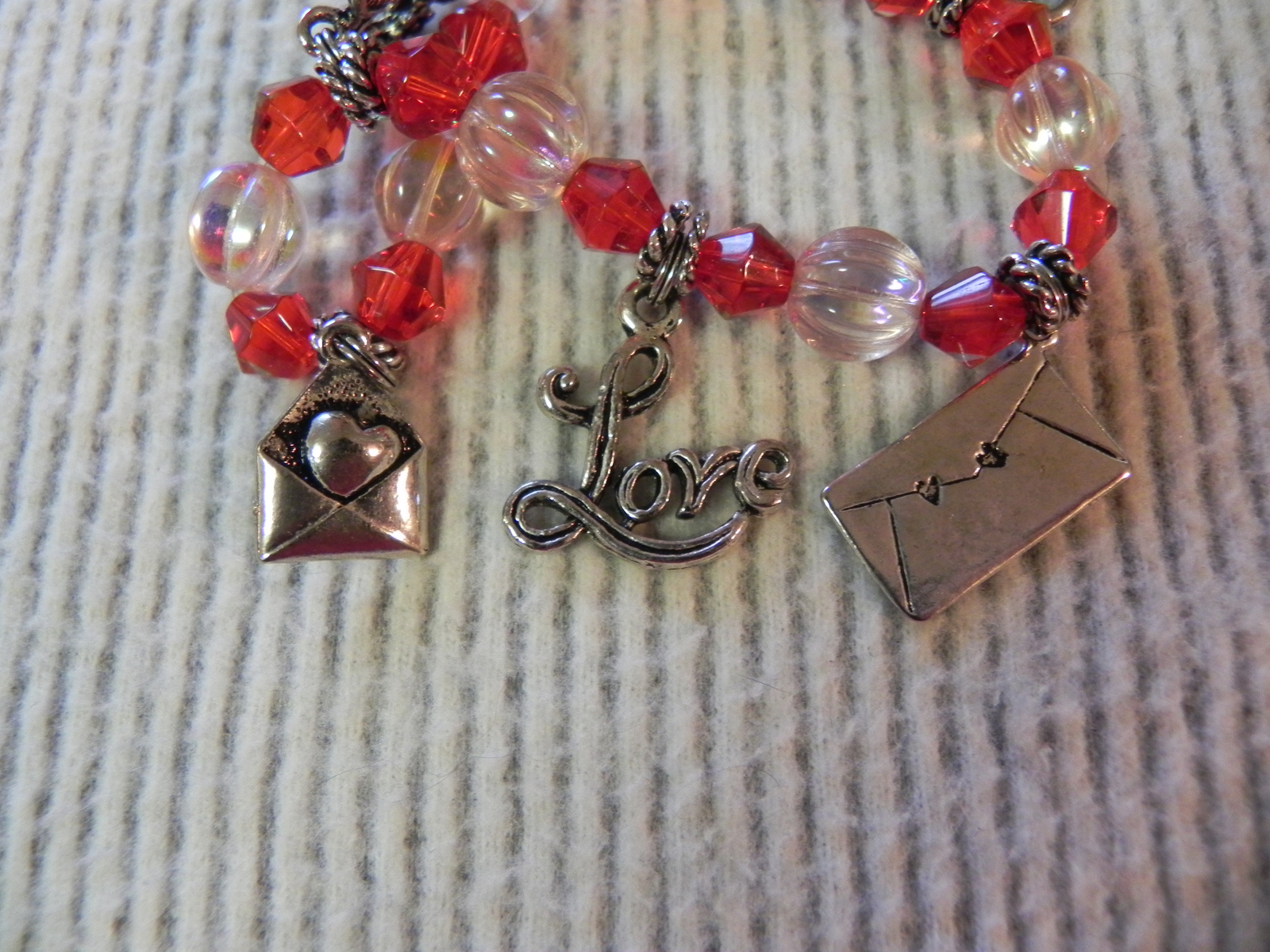 Red charm bracelet Beaded Valentines Love Letters Hearts AB crystal beads NICE