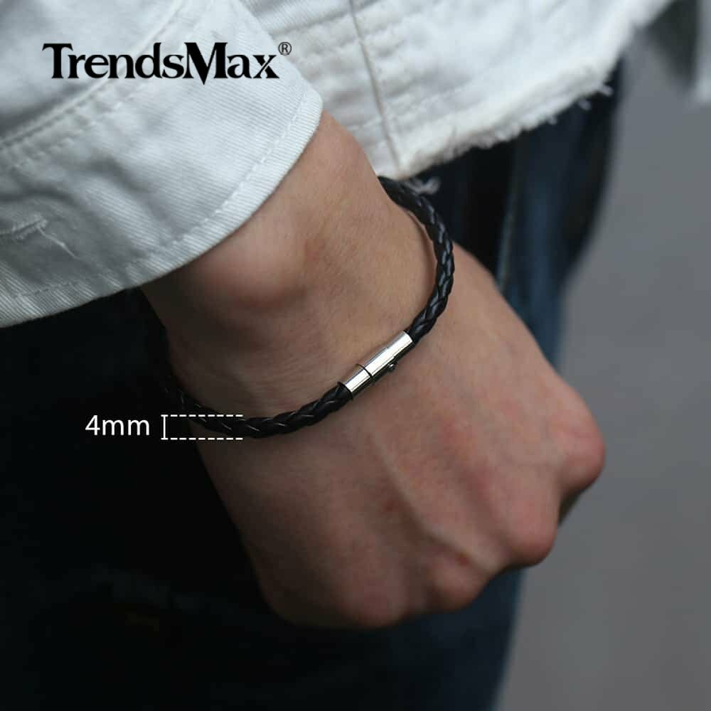 4/6/8mm Black Braided Cord Rope Man-made Leather Bracelet Magnetic Clasp 8-10″