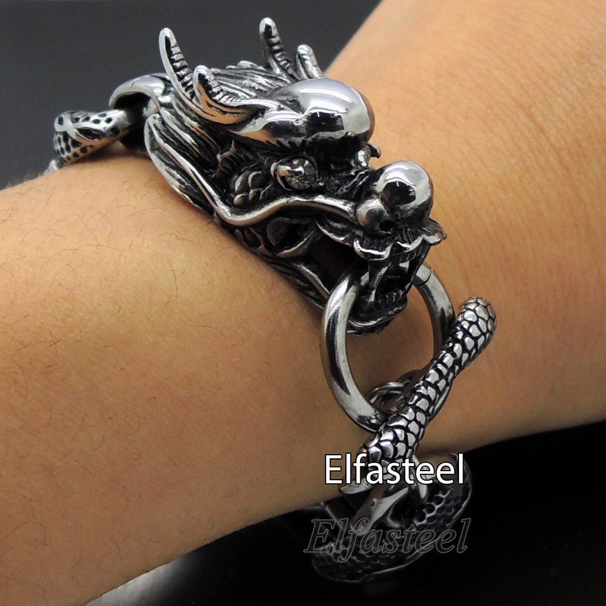 MENS 8.5″ / 21cm DRAGON Link Stainless Steel Chain Bracelet