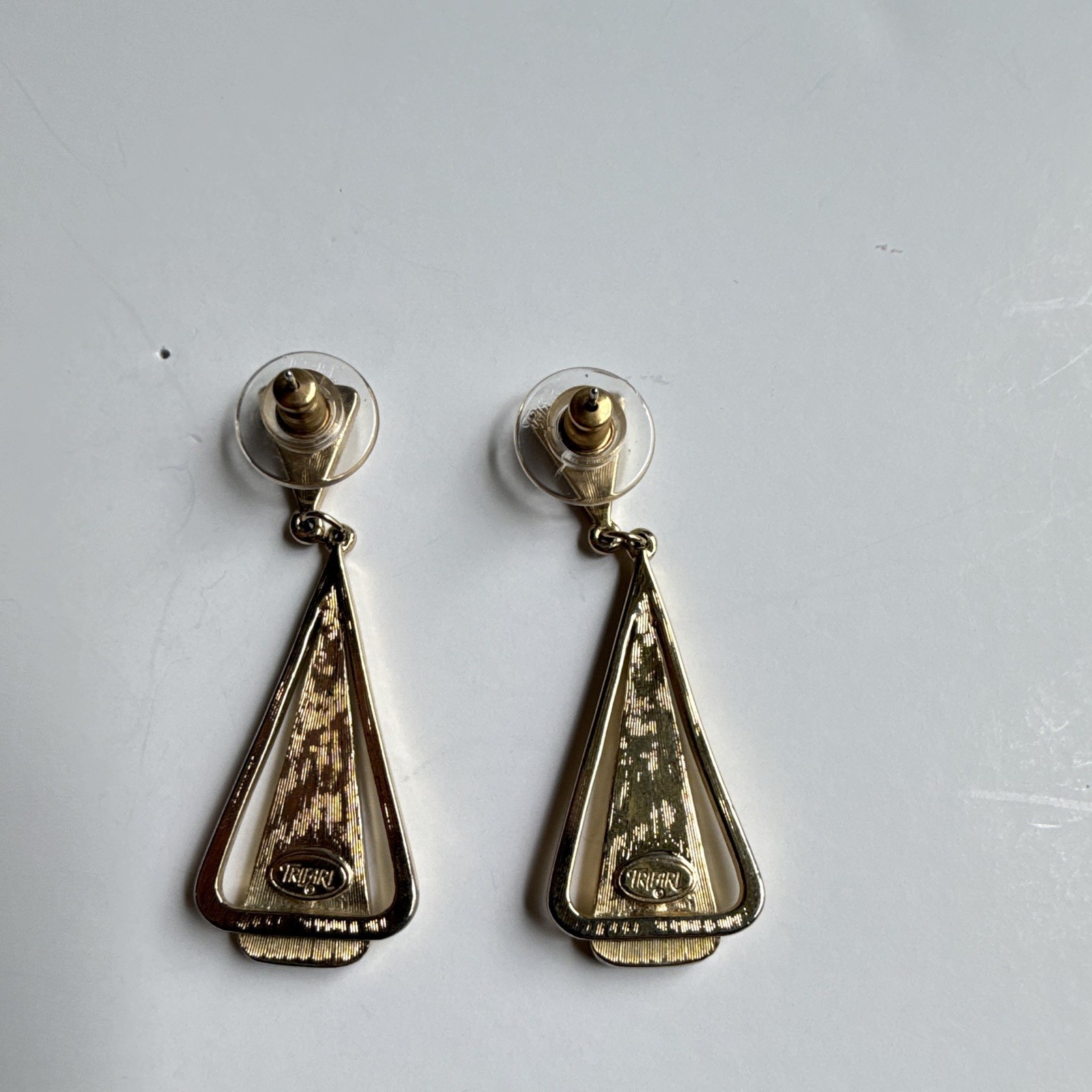 Vintage Trifari Signed Gold Tone Black Triangle Dangle Earrings
