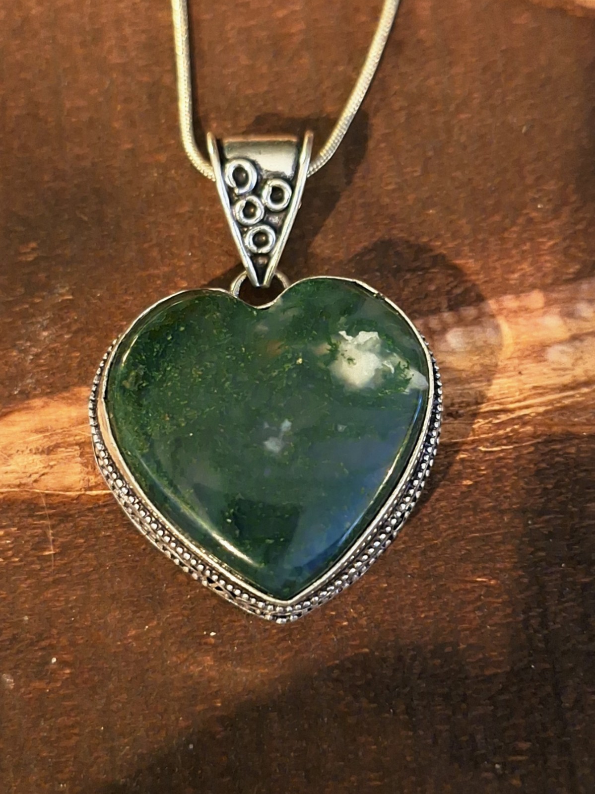 Green Moss Agate Heart Pendant On Silver Chain