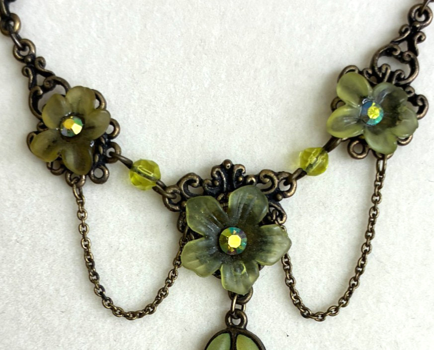VTG Michal Negrin Green Enamel Floral Rhinestones Necklace Bib Shabby Chic Boho