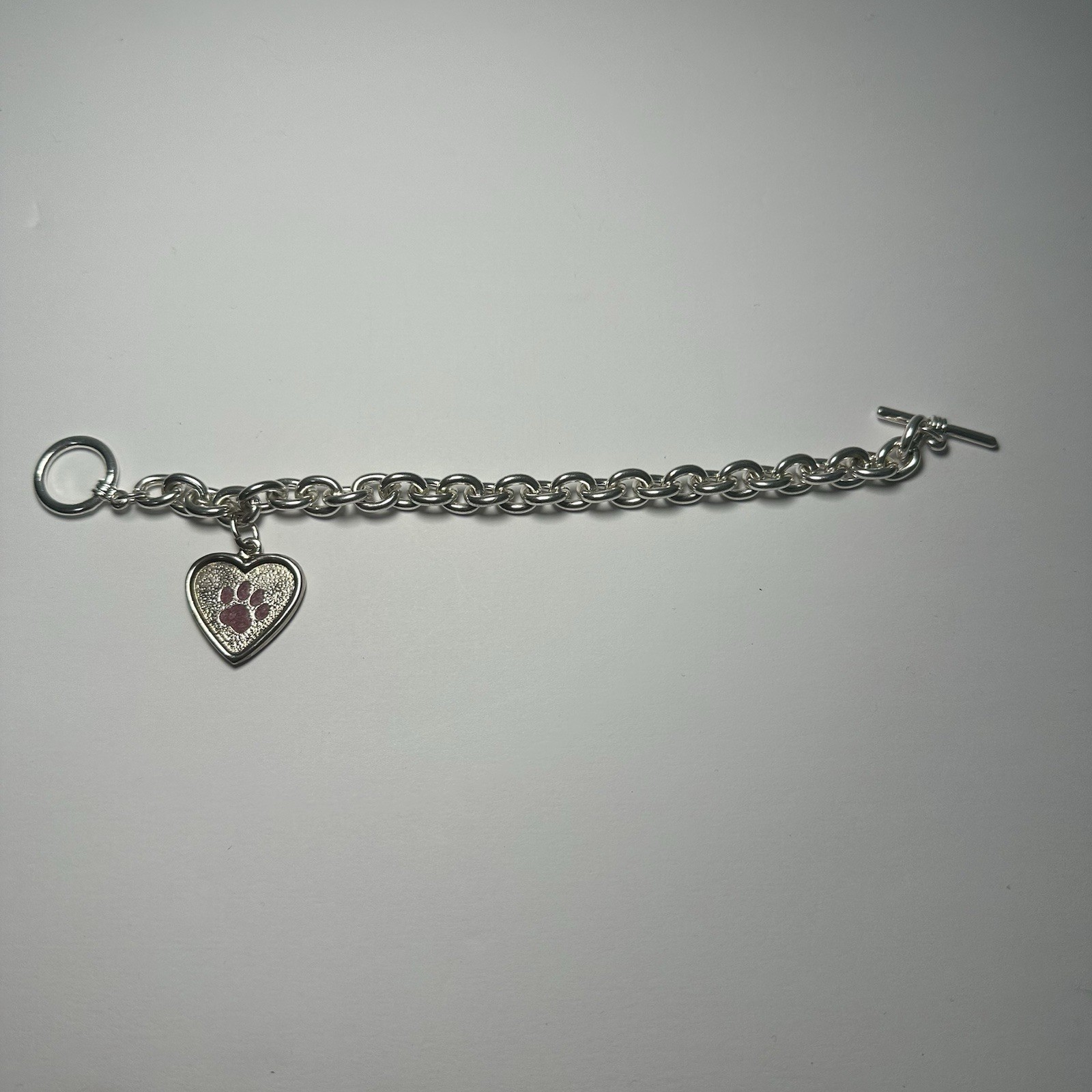 Silver Tone Toggle Bracelet Heart Paw Print Dangle Charm 8 in