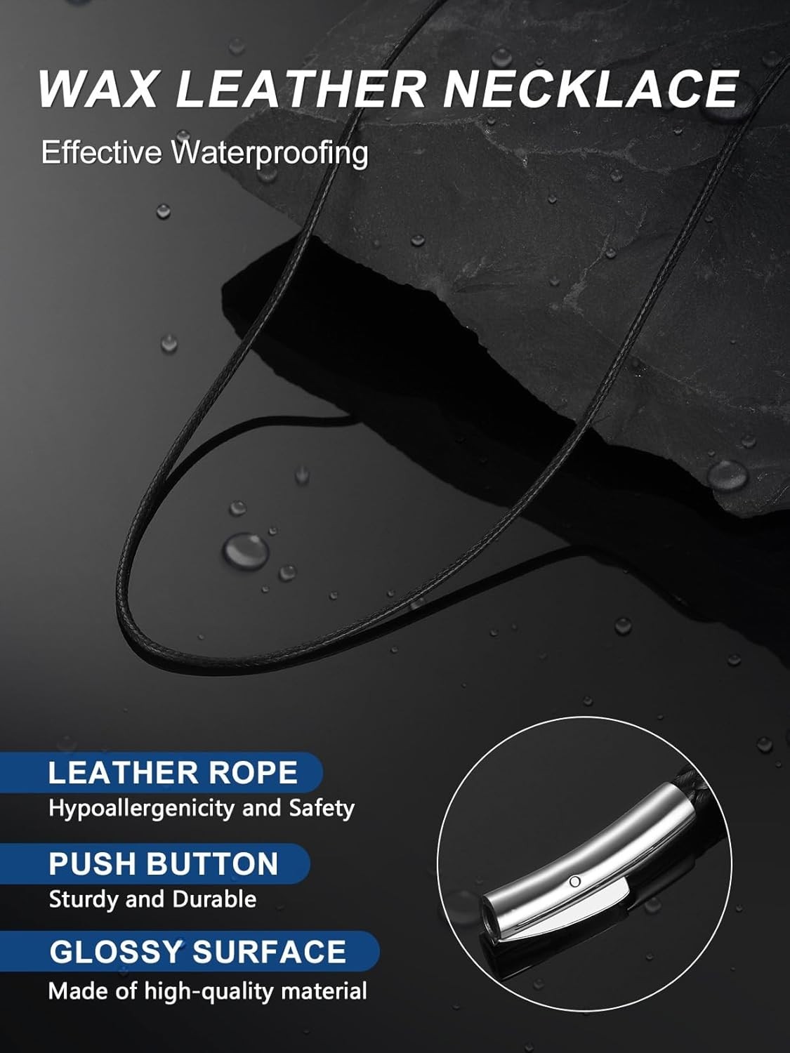 Men’s Waterproof Leather Necklace Cord – Custom Lengths 16-30 in., Snap Clasp