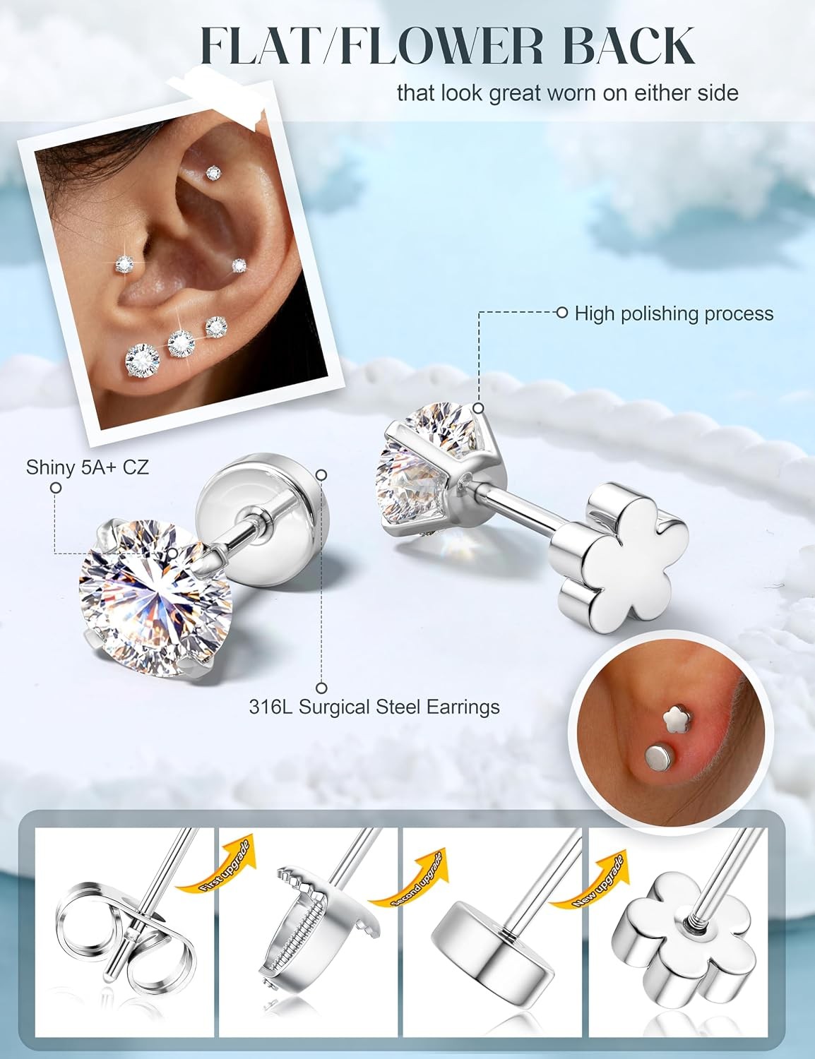 20G Hypoallergenic Flat Back Earrings for Women Men Silver 14K Gold Stainless St