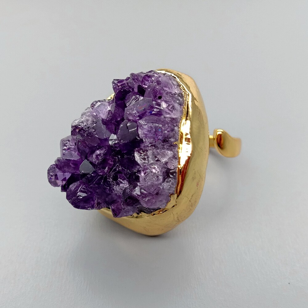 Natural Amethsyt Druzy Cluster Freedom Shape Gold Electroplated Ring Adjustable