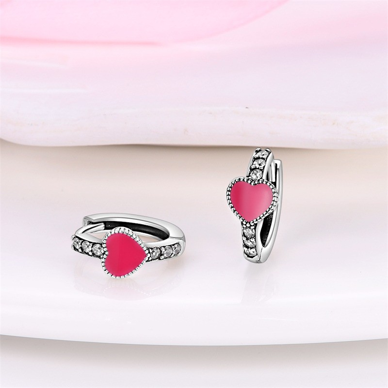 PANDACH 925 Sterling Silver Pink Heart Huggie Hoop Earrings For Women Jewelry
