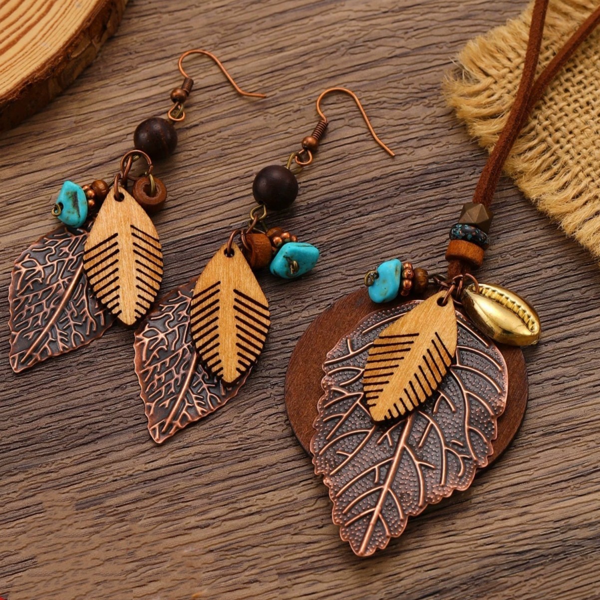 Vintage Boho Women’s Multi Element Wood+Alloy Pendant PU Necklace & Earrings Set