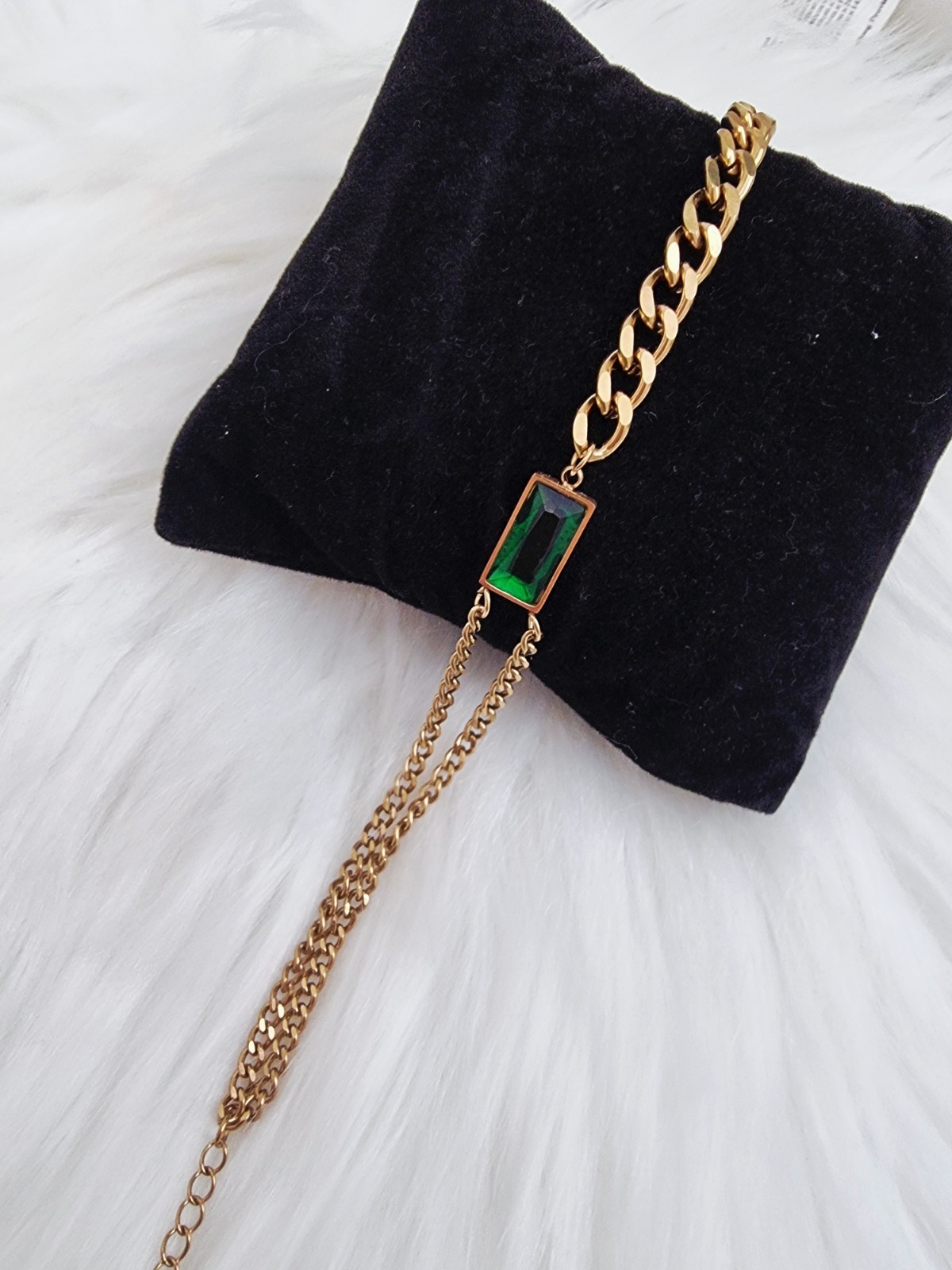 Woman’s Stainless Steel Gold Colour Green Crystal Cubin Link Bracelet 22cm Long