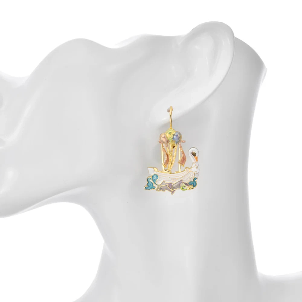 Kirks Folly Enchanted Swan Boat Ship of Dreams & Dolphins Leverback Earrings GT