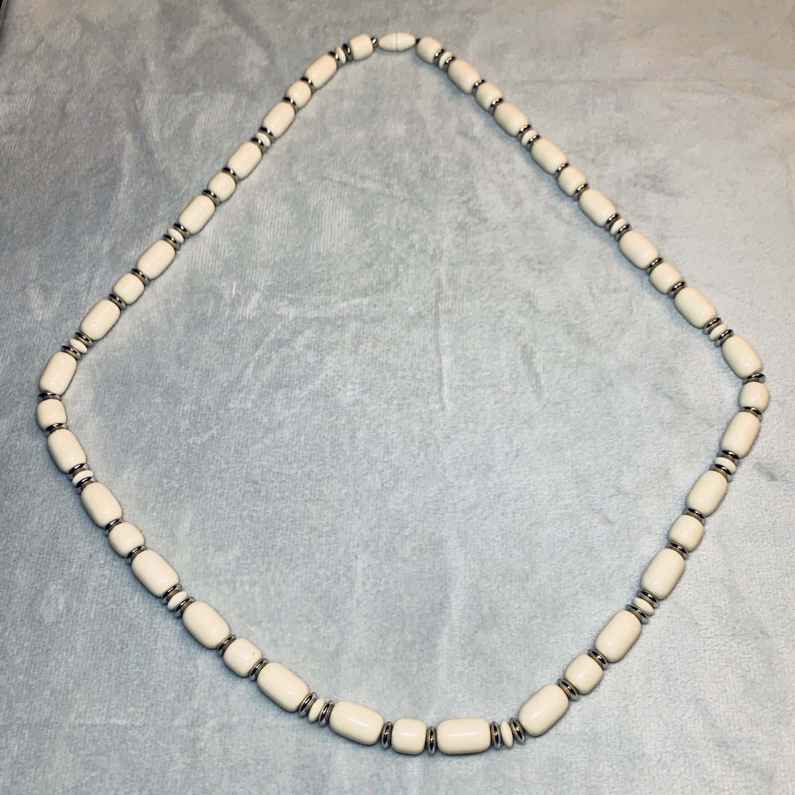 Vintage Cream & Silver Bead Necklace 32”