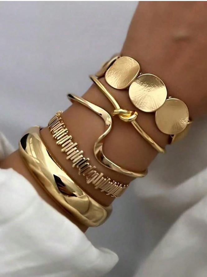 5pcs Vintage Gold Geometric Metal Bracelet Set Luxury Bangle Jewelry Women