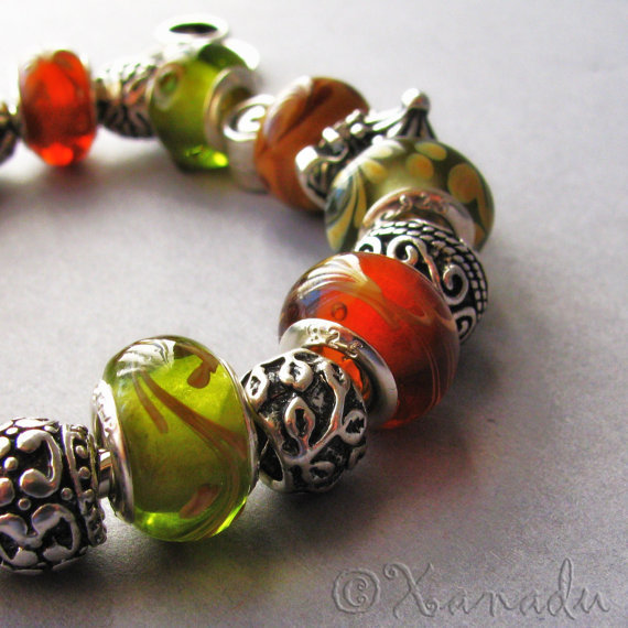 Tea Time European Charm Bracelet – Brown Green Lampwork Glass Bead w Tea Charms