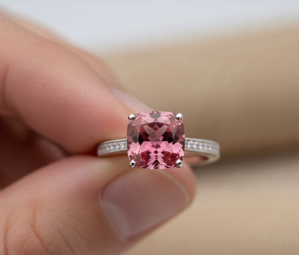 Cushion Cut Pink Tourmaline Ring 925Sterling Silver Engagement Ring.