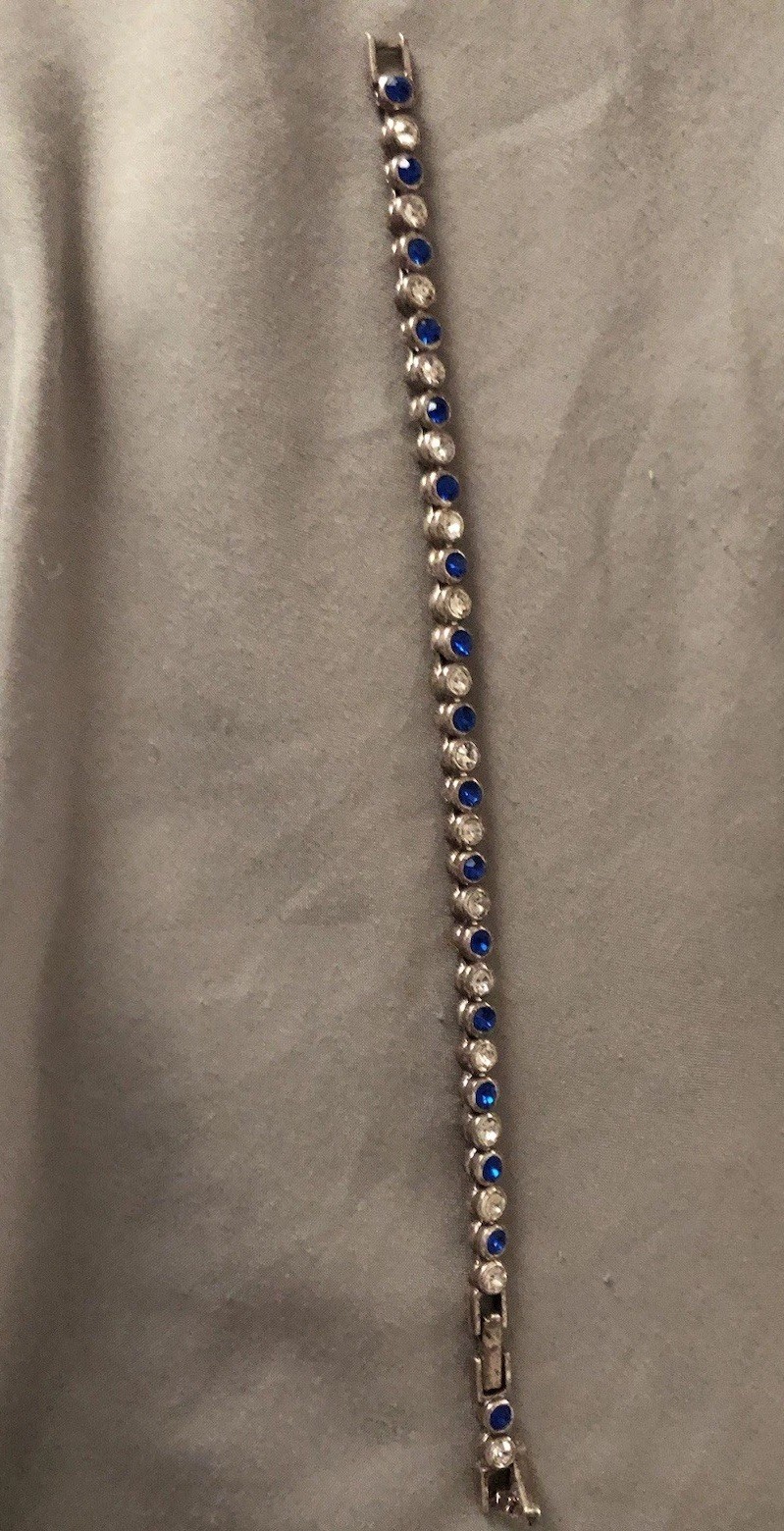 Vintage Avon Blue Sapphire Clear Rhinestone Tennis Bracelet Silver Tone 8″