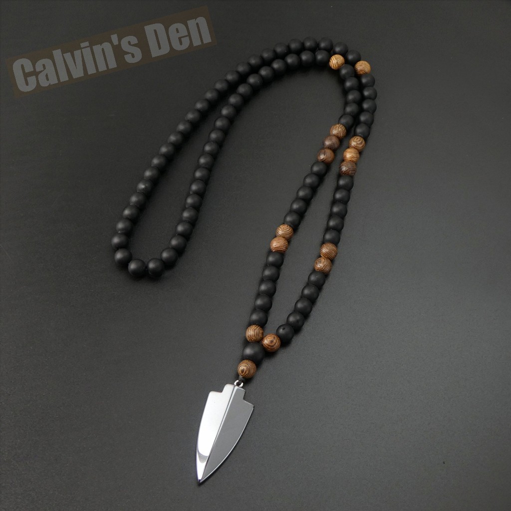 Matte Black Onyx Wenge Wood Bead Hematite Arrowhead Pendant 28” Long Necklace