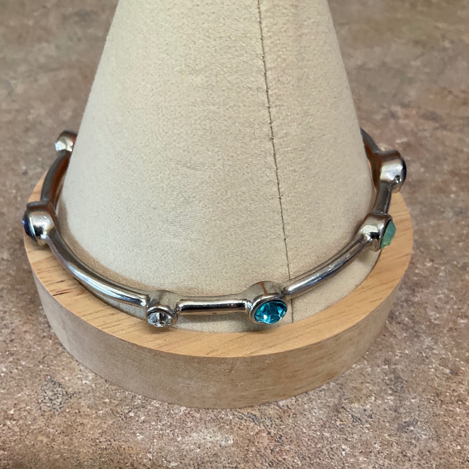 Silver Tone Bangle Bracelet Multi Color Crystal Bezel Station Slip On Jewelry