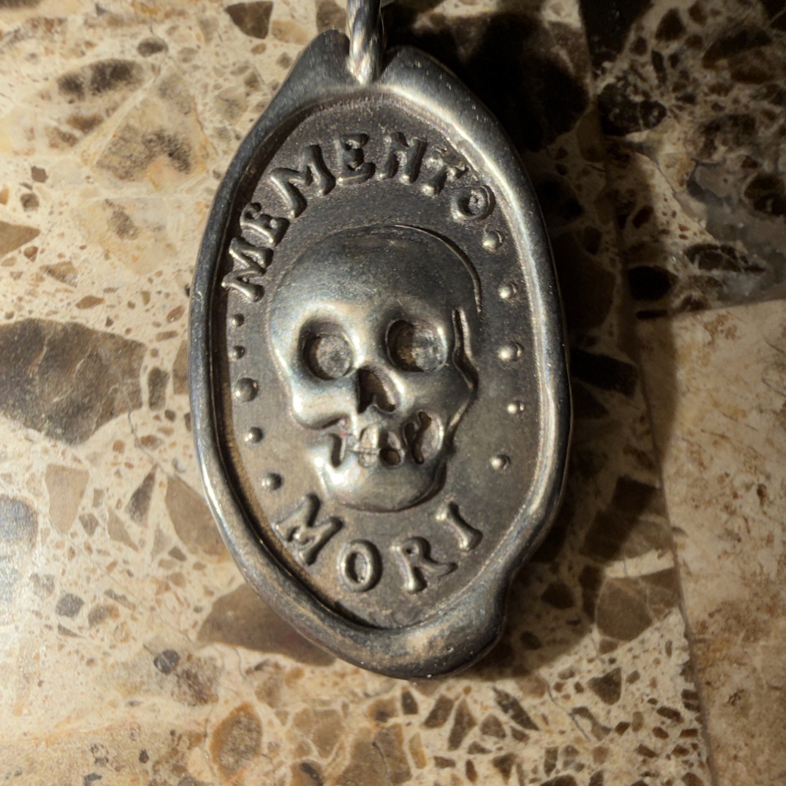 Memento Mori Signed Silver Skull Oval Charm Pendant Necklace Rope Chain